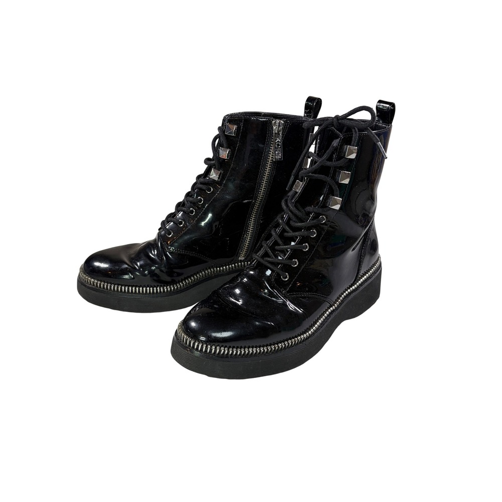 MICHAEL Michael Kors Haskell Black Patent Leather Combat Boots Women 8M Studded